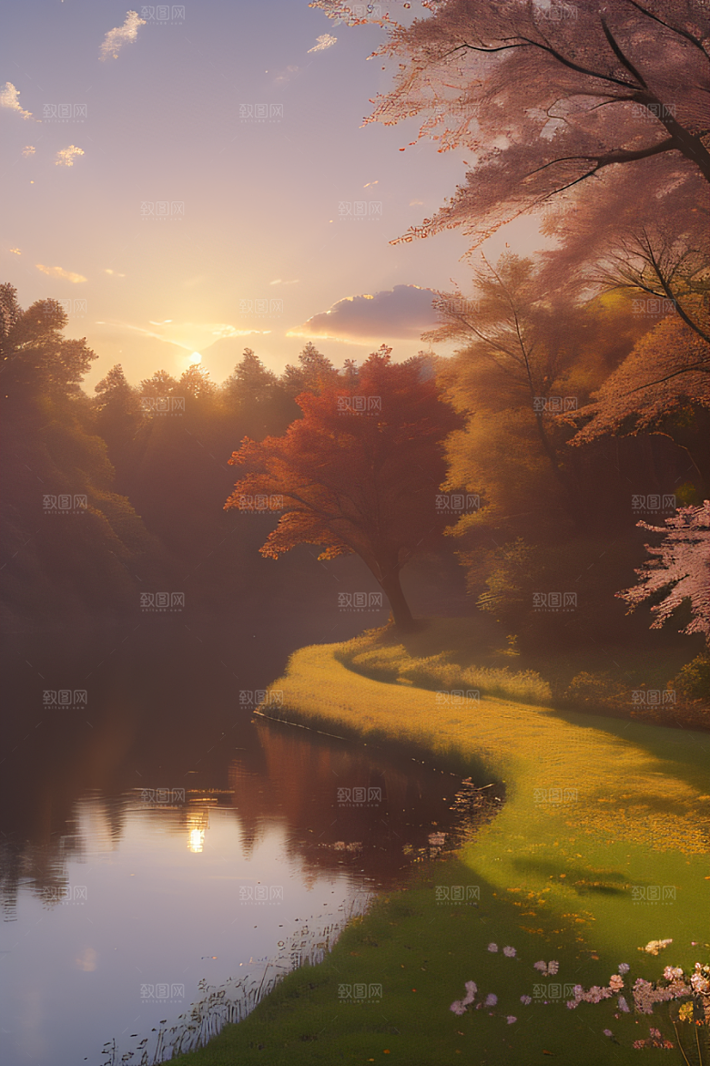 湖泊远景中的李花秋天的晨光