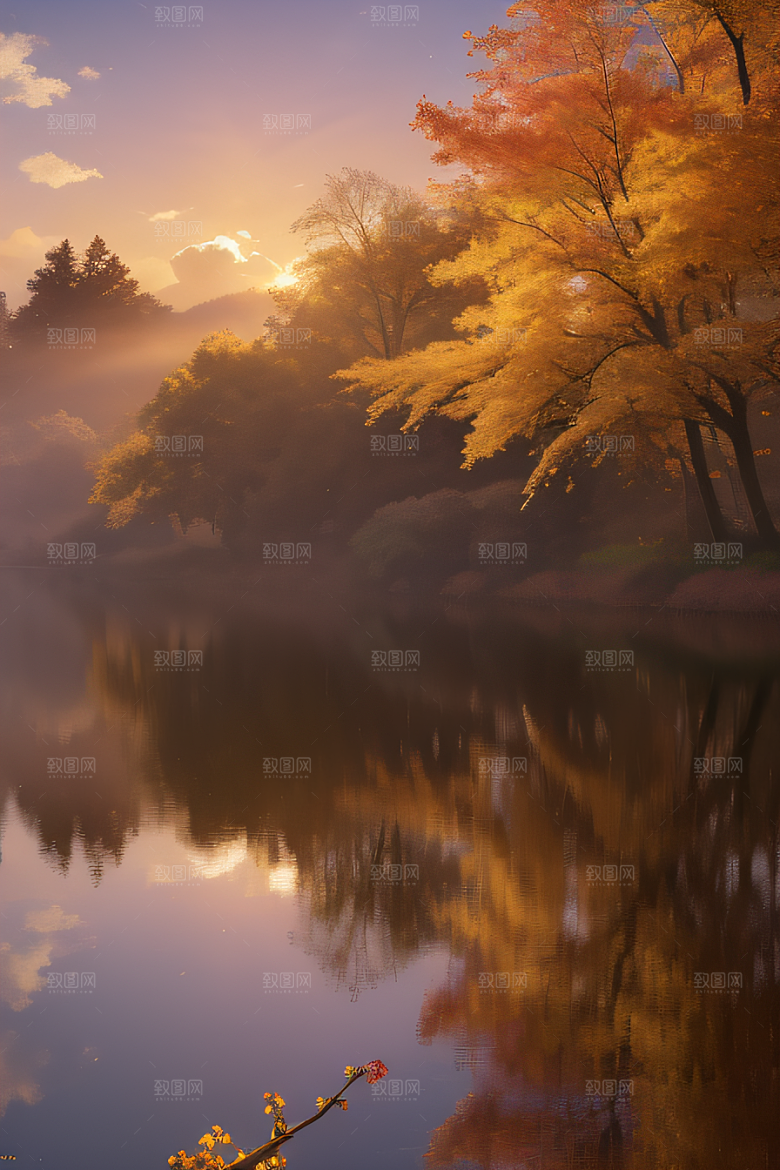 湖泊远景中的李花秋天的晨光