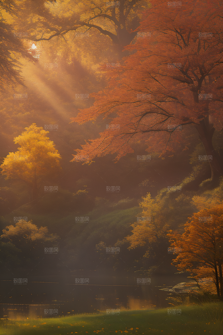 秋天的晨光湖泊远景中的李花