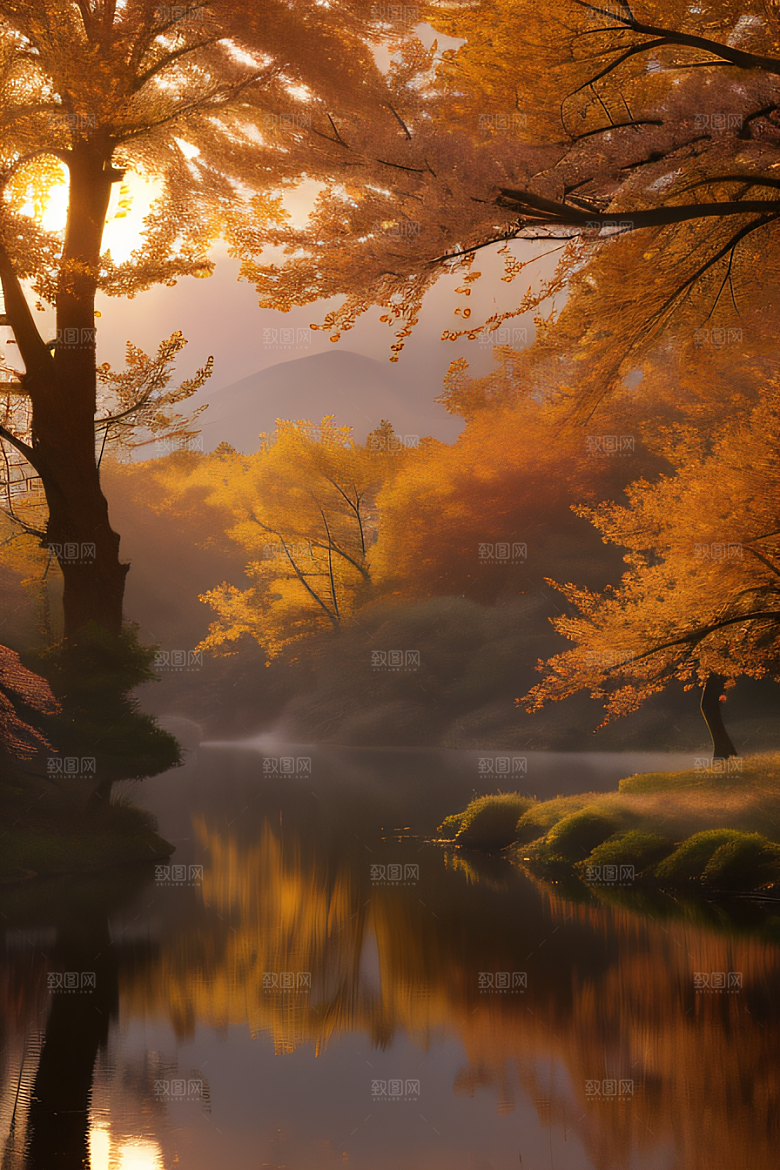 秋天的晨光湖泊远景中的李花