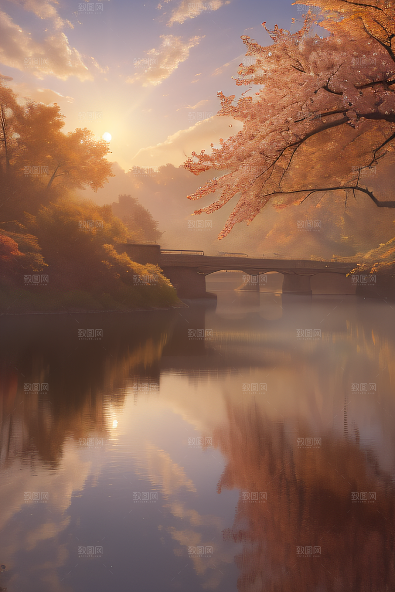 芦苇与晨光秋天的湖泊远景