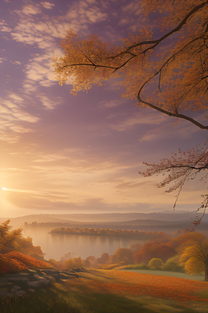 芦苇与晨光秋天的湖泊远景
