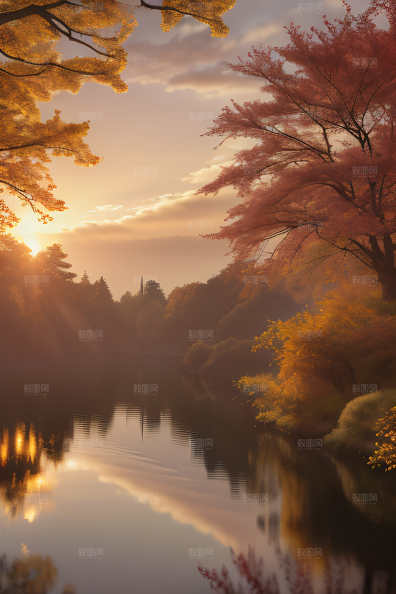 芦苇与晨光秋天的湖泊远景