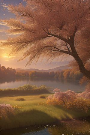 芦苇与晨光秋天的湖泊远景