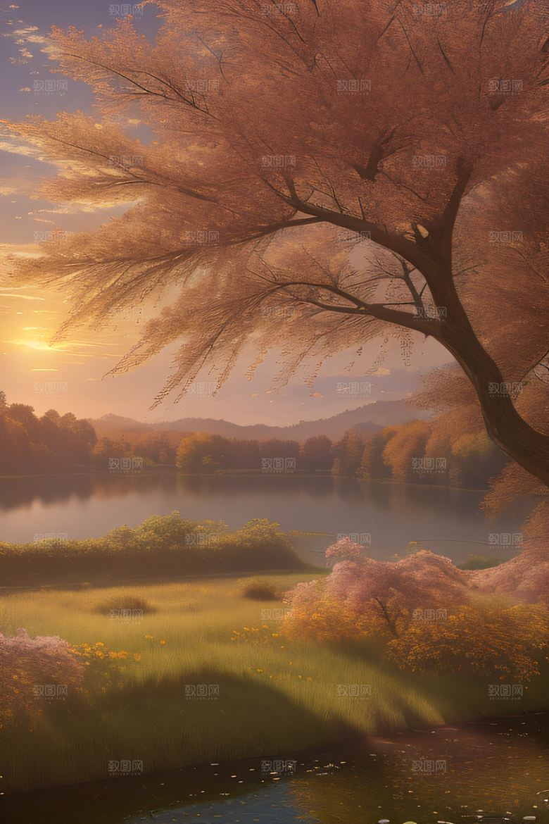 芦苇与晨光秋天的湖泊远景