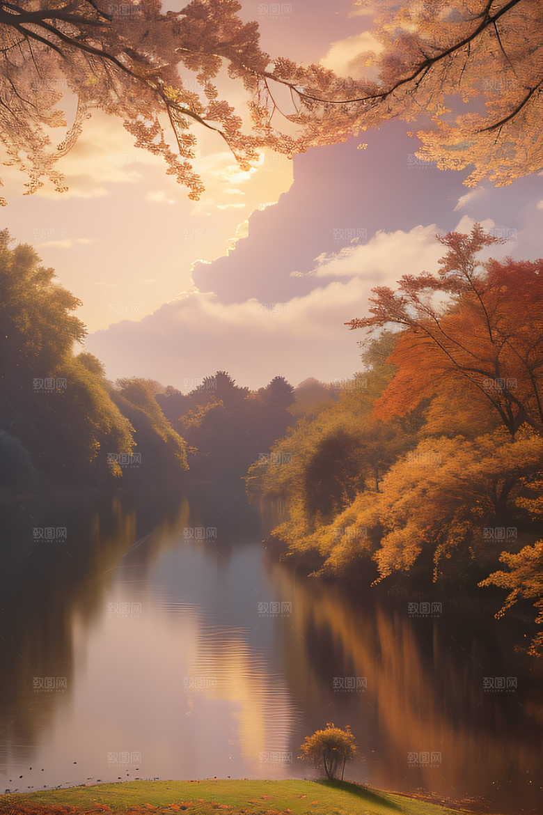 芦苇与晨光秋天的湖泊远景