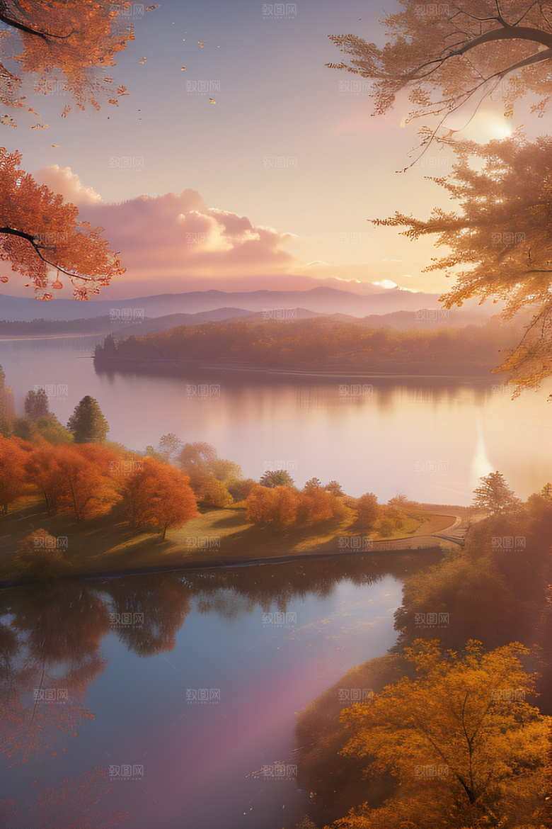 芦苇与晨光秋天的湖泊远景