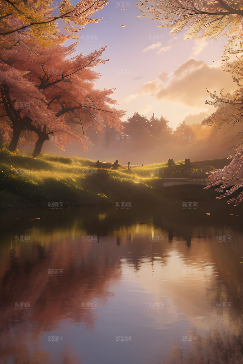 芦苇与晨光秋天的湖泊远景