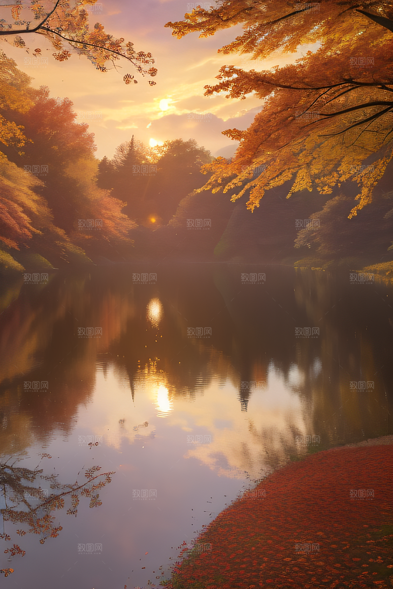 芦苇与晨光秋天的湖泊远景
