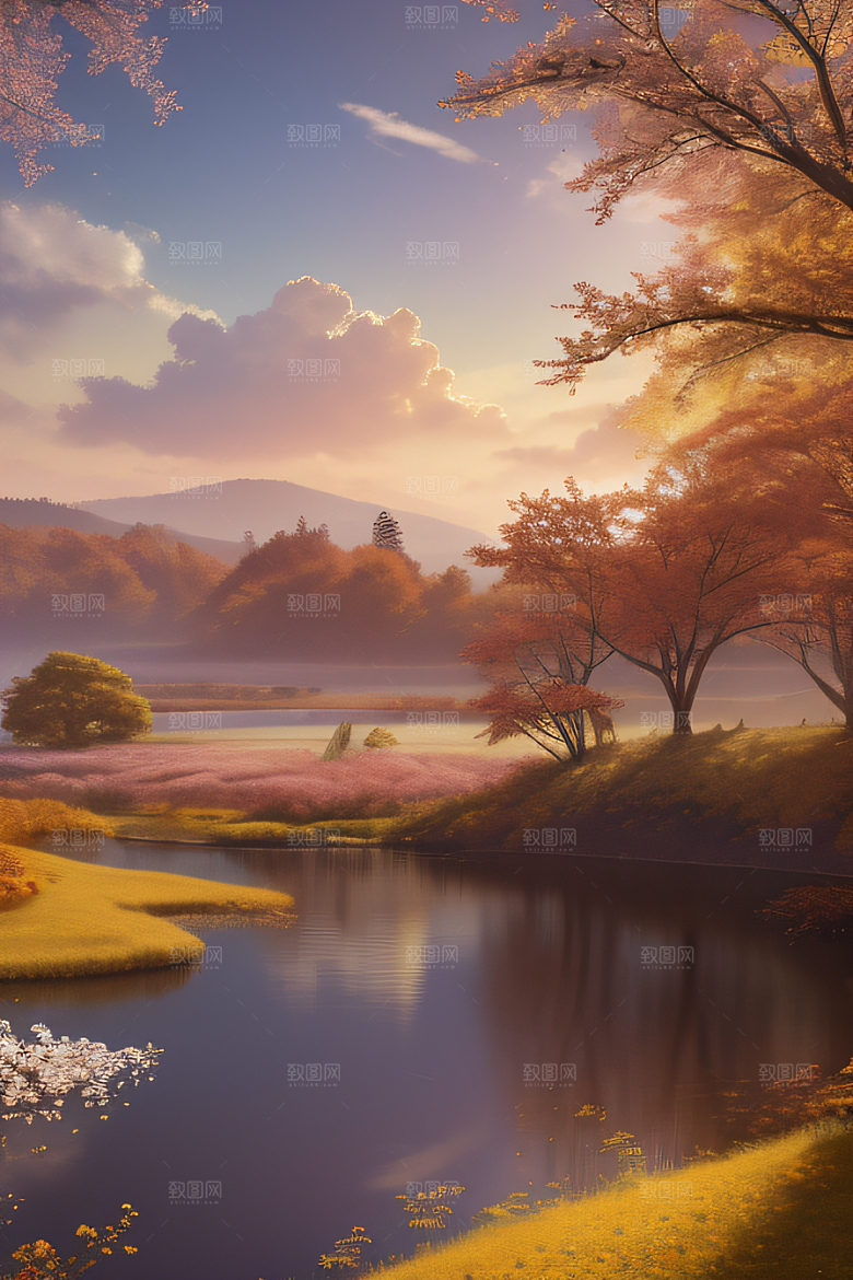 芦苇与晨光秋天的湖泊远景