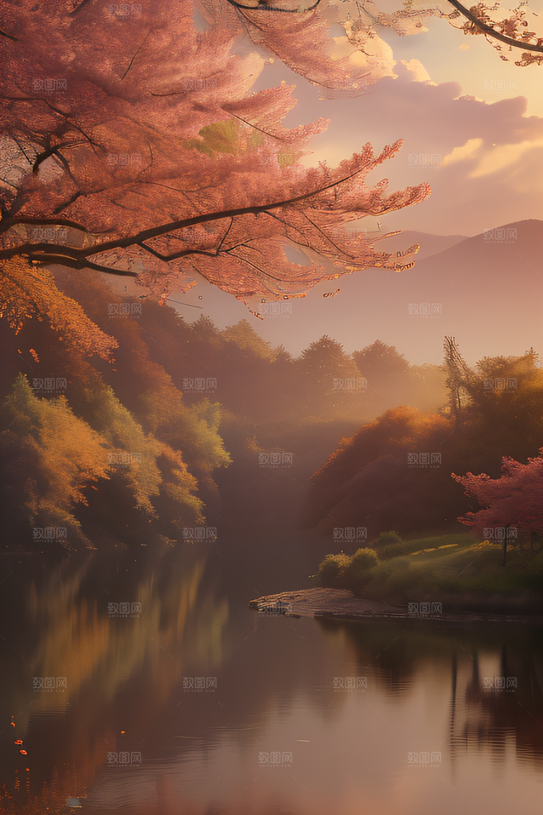 芦苇与晨光秋天的湖泊远景