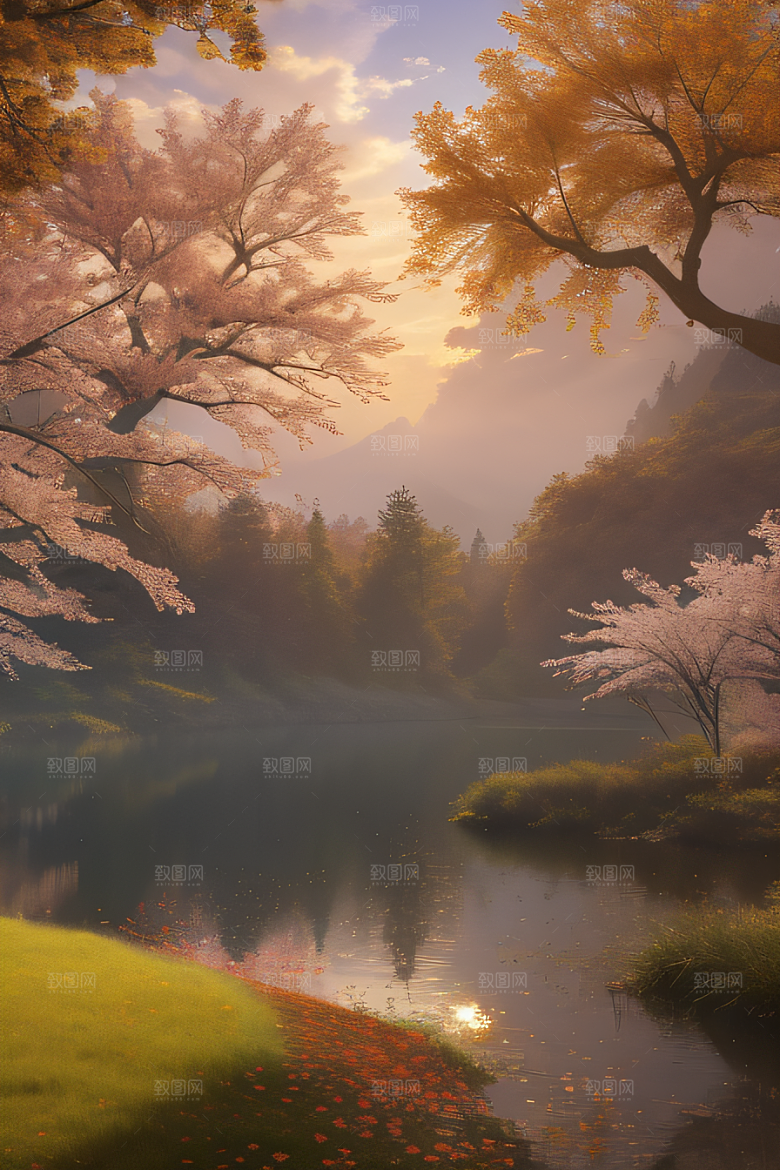 芦苇与晨光秋天的湖泊远景