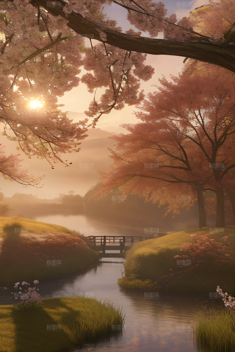 芦苇与晨光秋天的湖泊远景