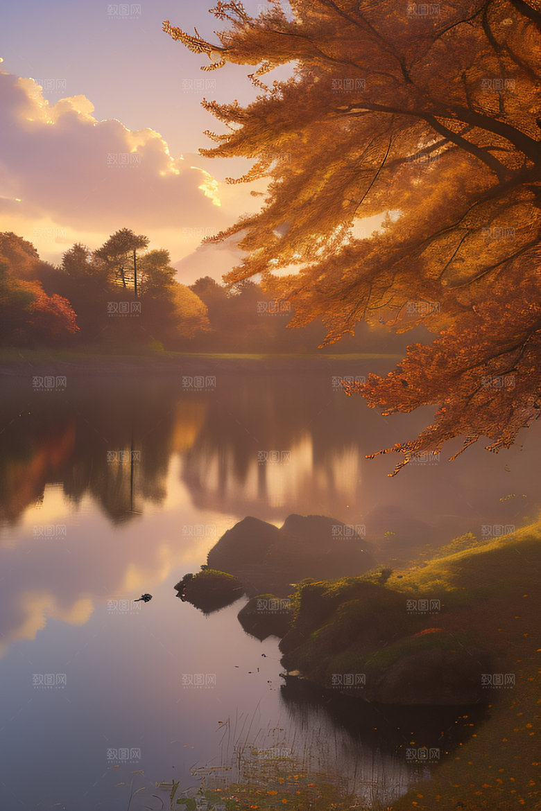 芦苇与晨光秋天的湖泊远景