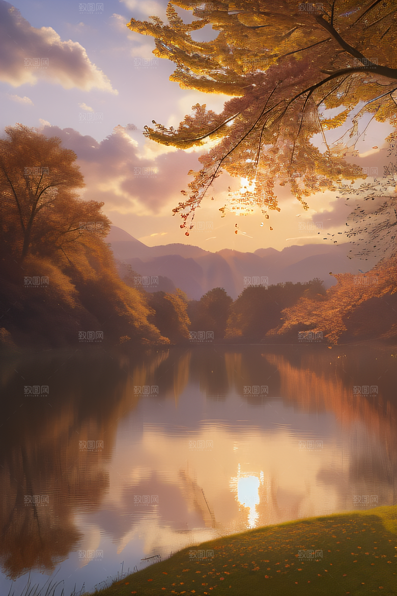 湖泊远景中的幻想秋天的树木