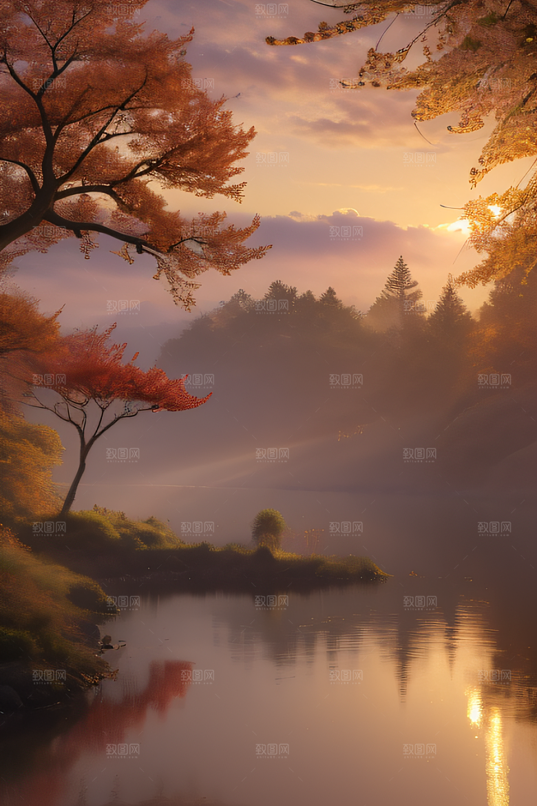 湖泊远景秋天的灯光效果