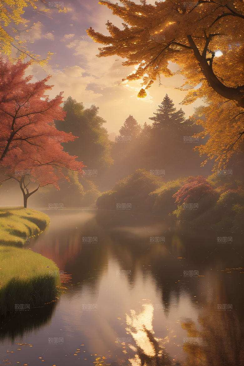 湖泊远景秋天的灯光效果