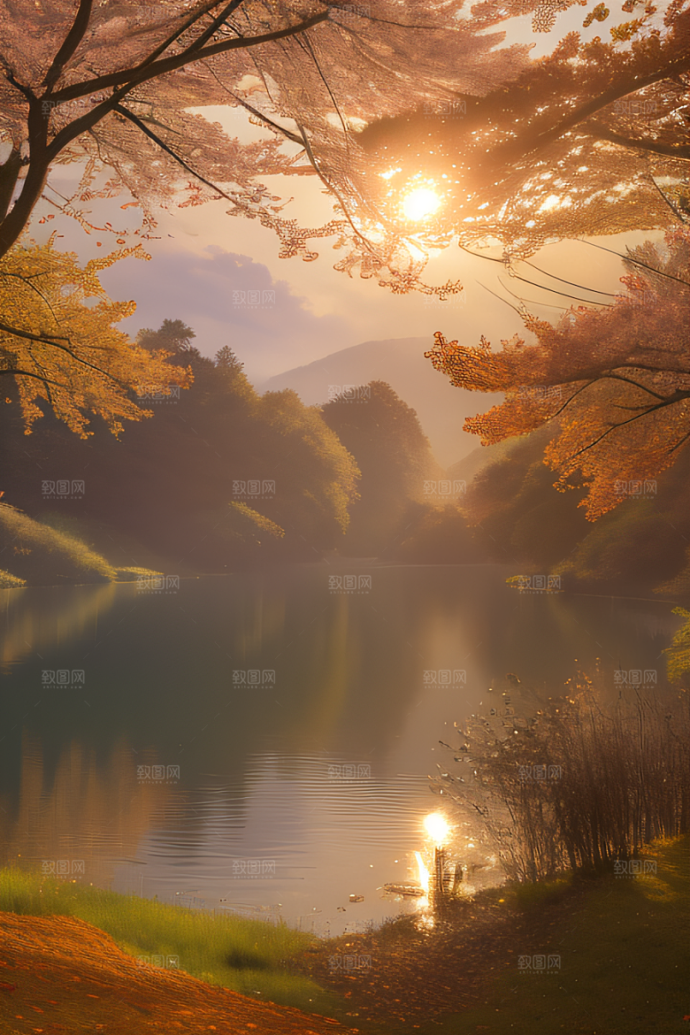 湖泊远景秋天的灯光效果