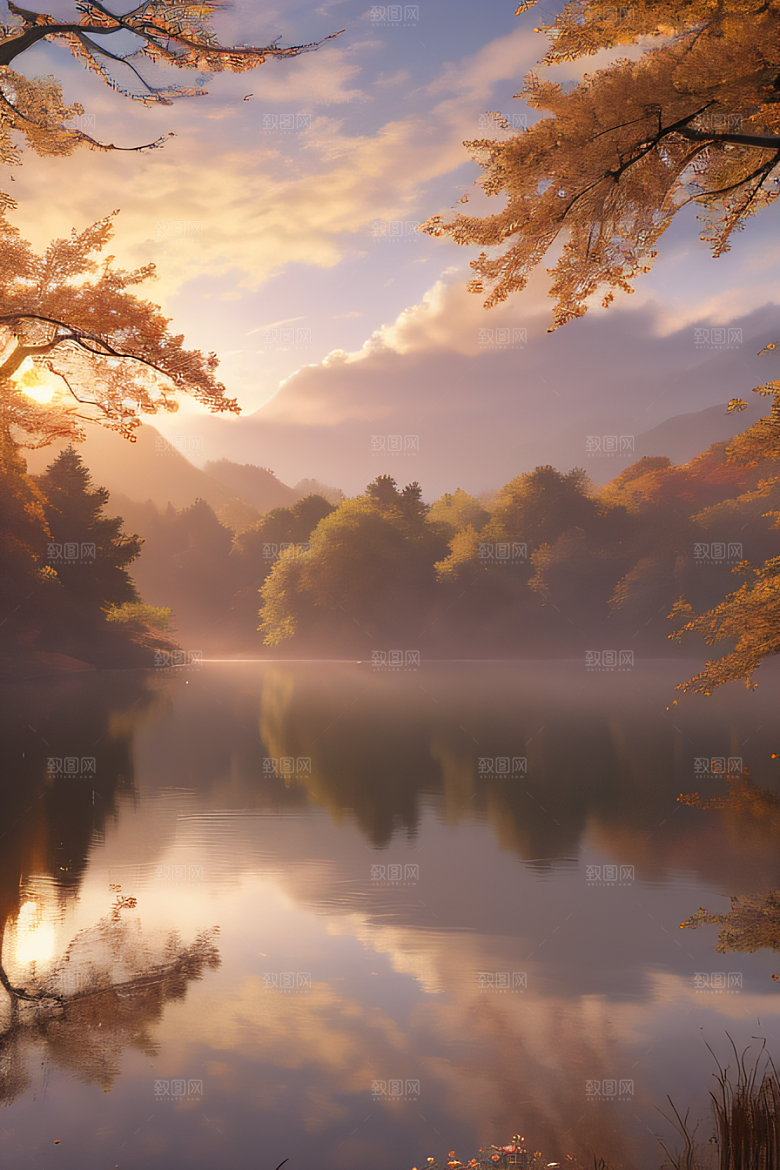 湖泊远景秋天的灯光效果