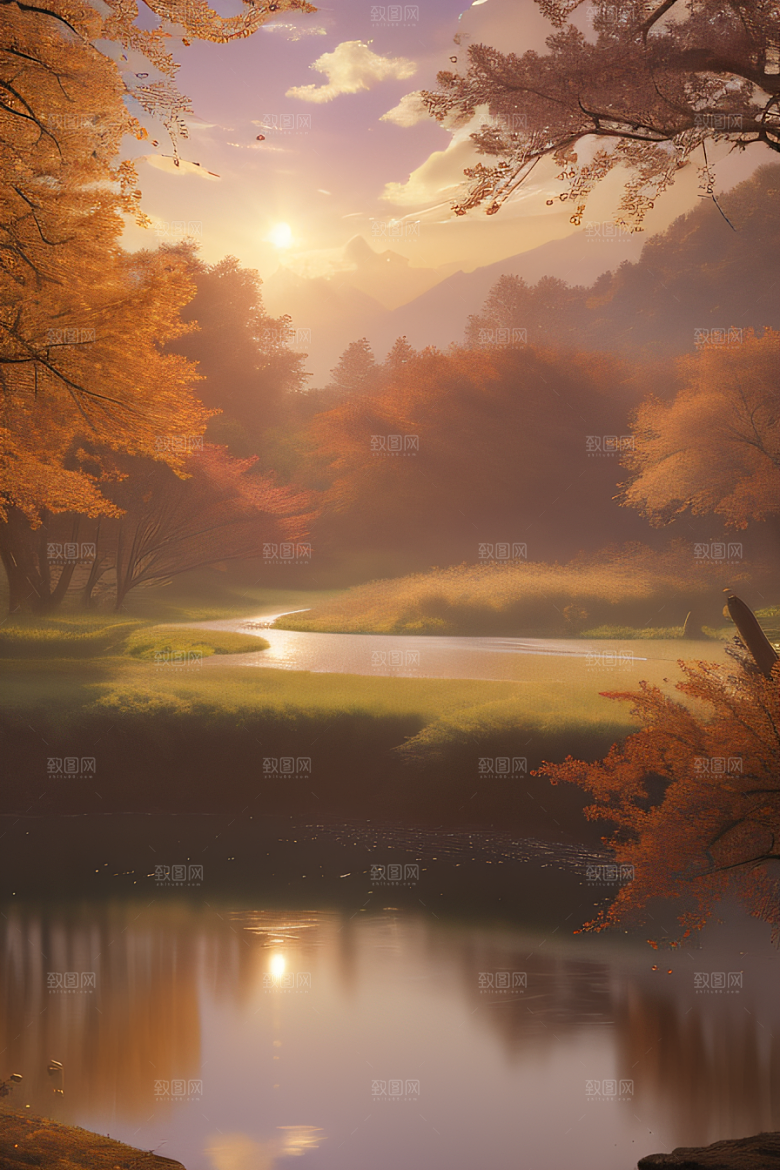 湖泊远景秋天的灯光效果