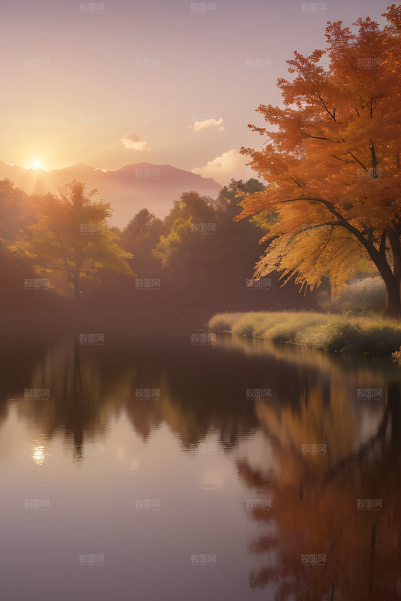 秋天的灯光效果湖泊远景