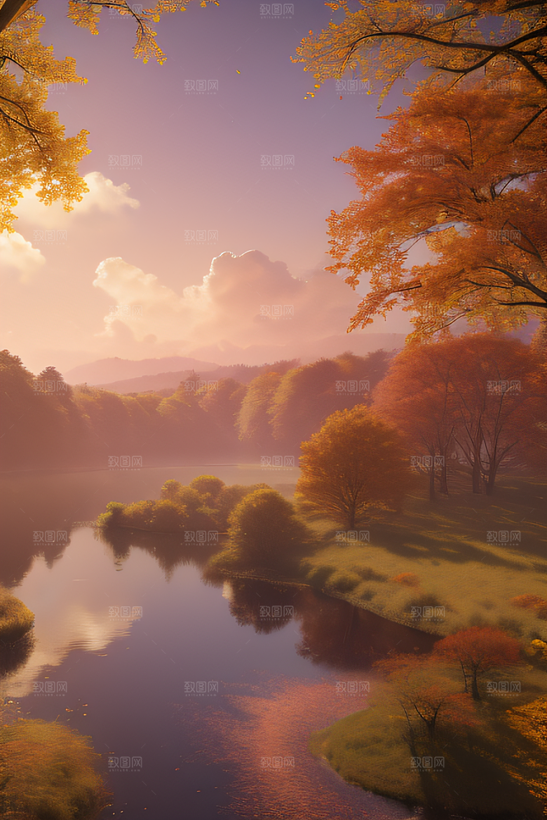 秋天的灯光效果湖泊远景