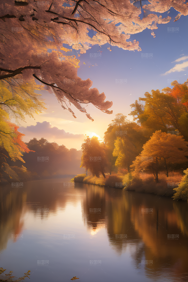 秋天的灯光效果湖泊远景