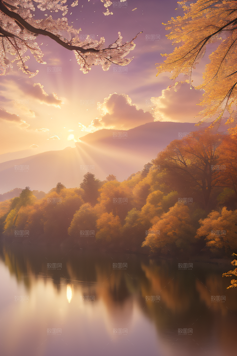 秋天的灯光效果湖泊远景