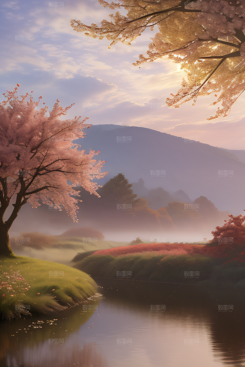 秋天的灯光效果湖泊远景