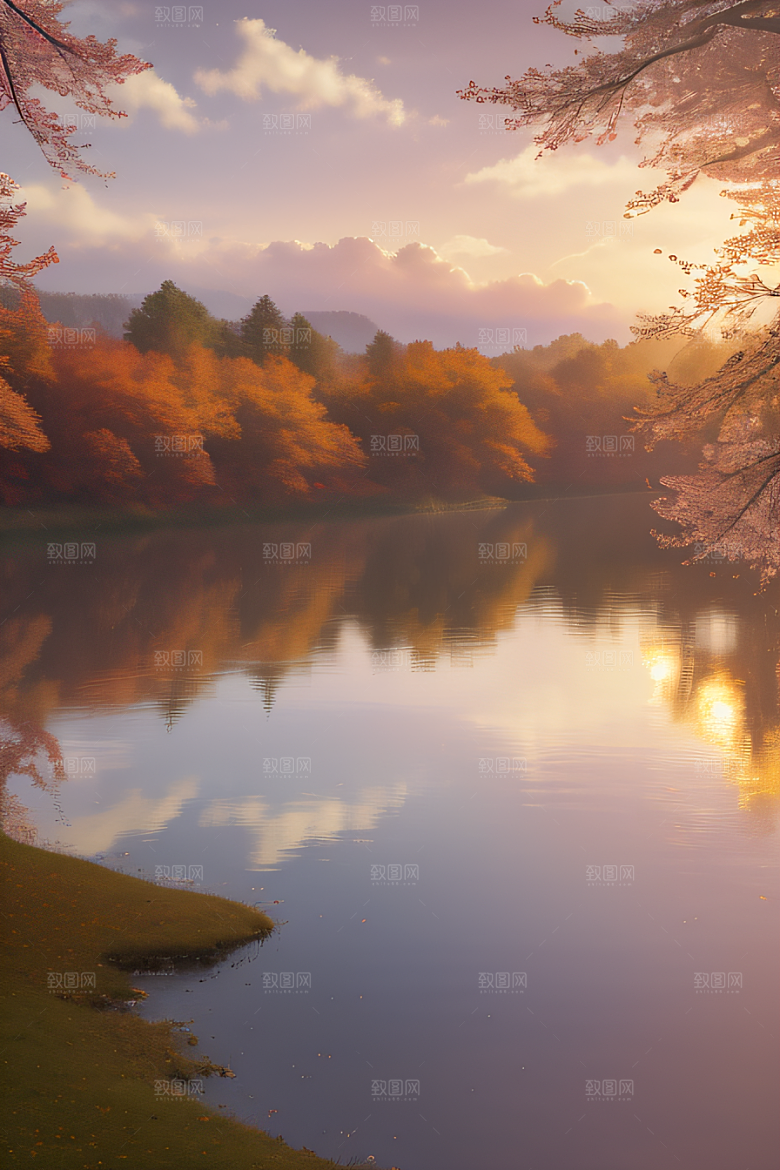 秋天的灯光效果湖泊远景
