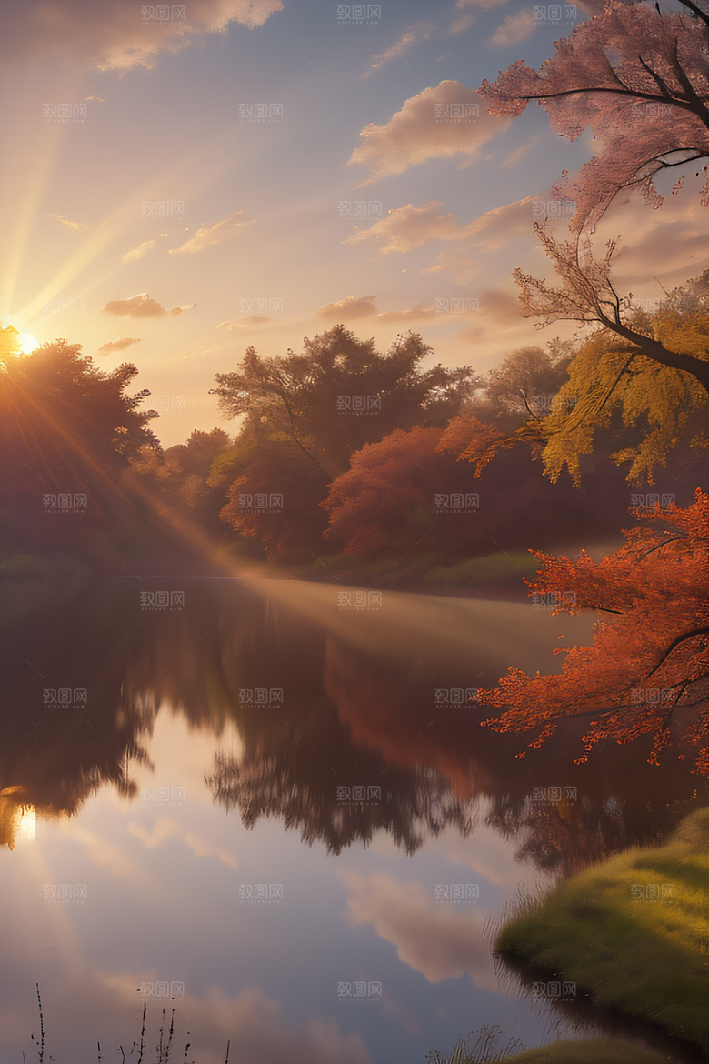 秋天的灯光效果湖泊远景