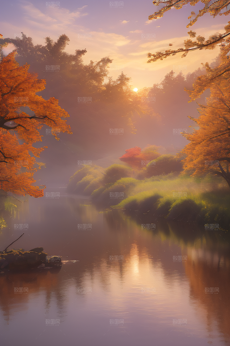 秋天的灯光效果湖泊远景