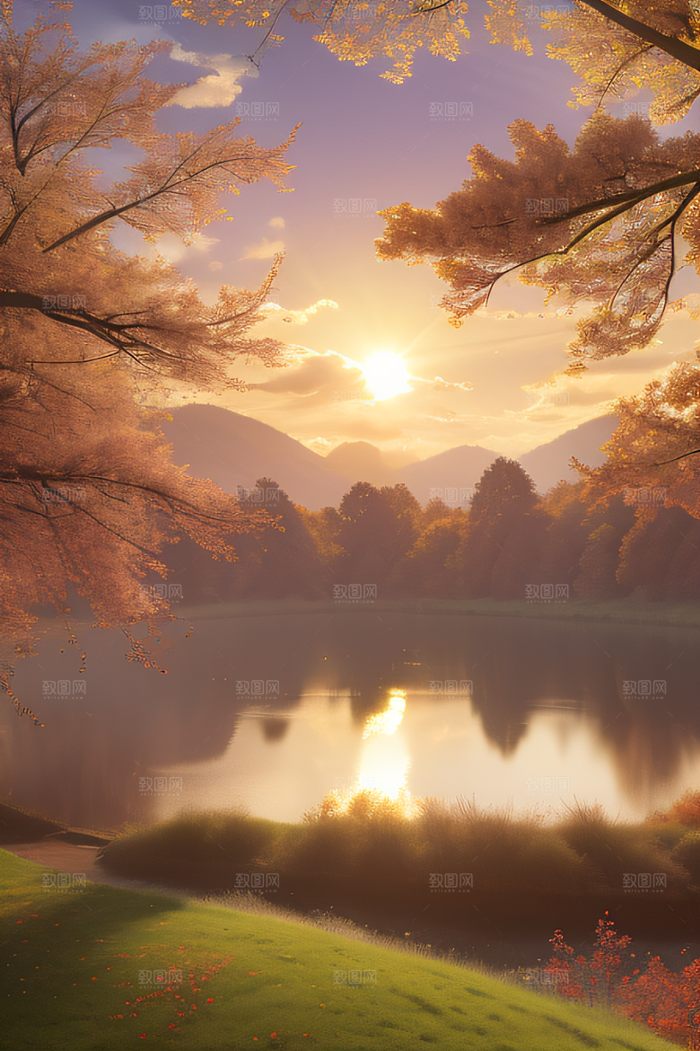 秋天的灯光效果湖泊远景