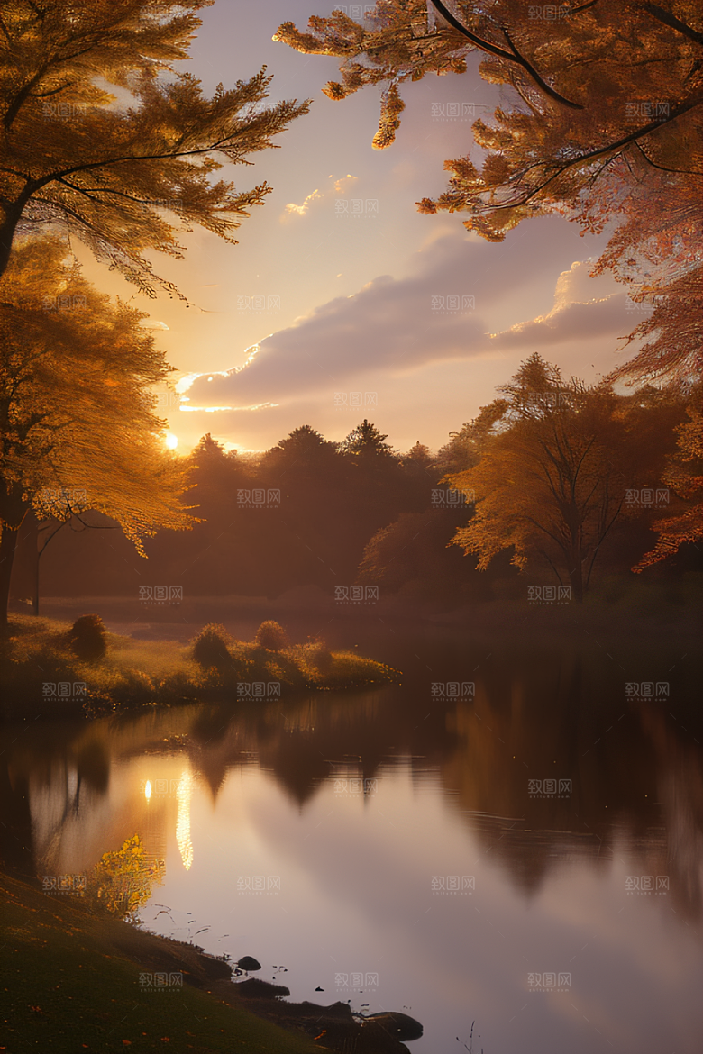秋天的灯光效果湖泊远景