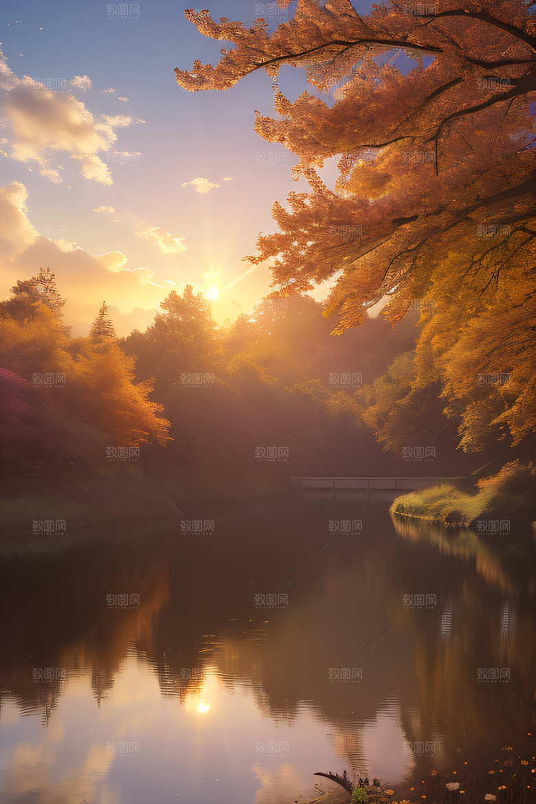 秋天的灯光效果湖泊远景