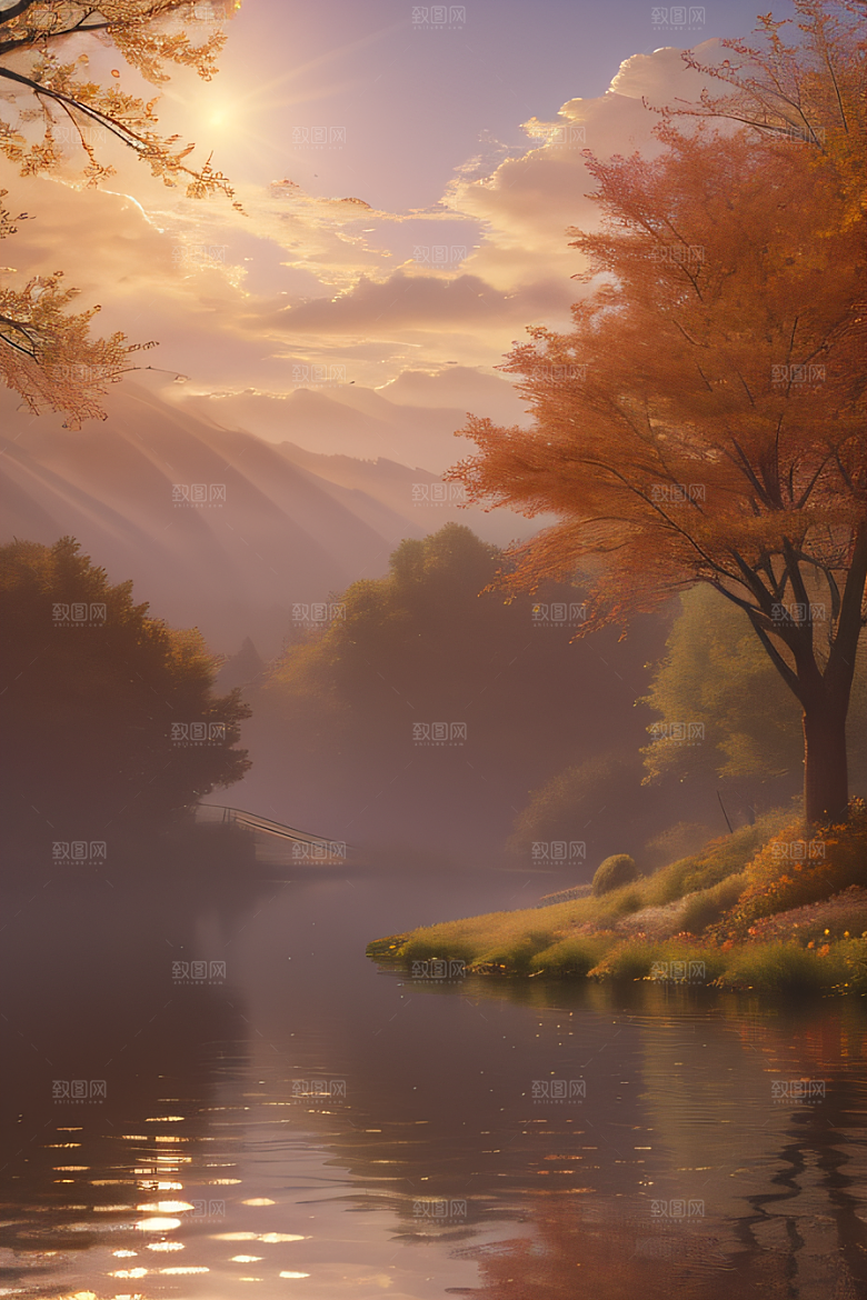 秋天的灯光效果湖泊远景