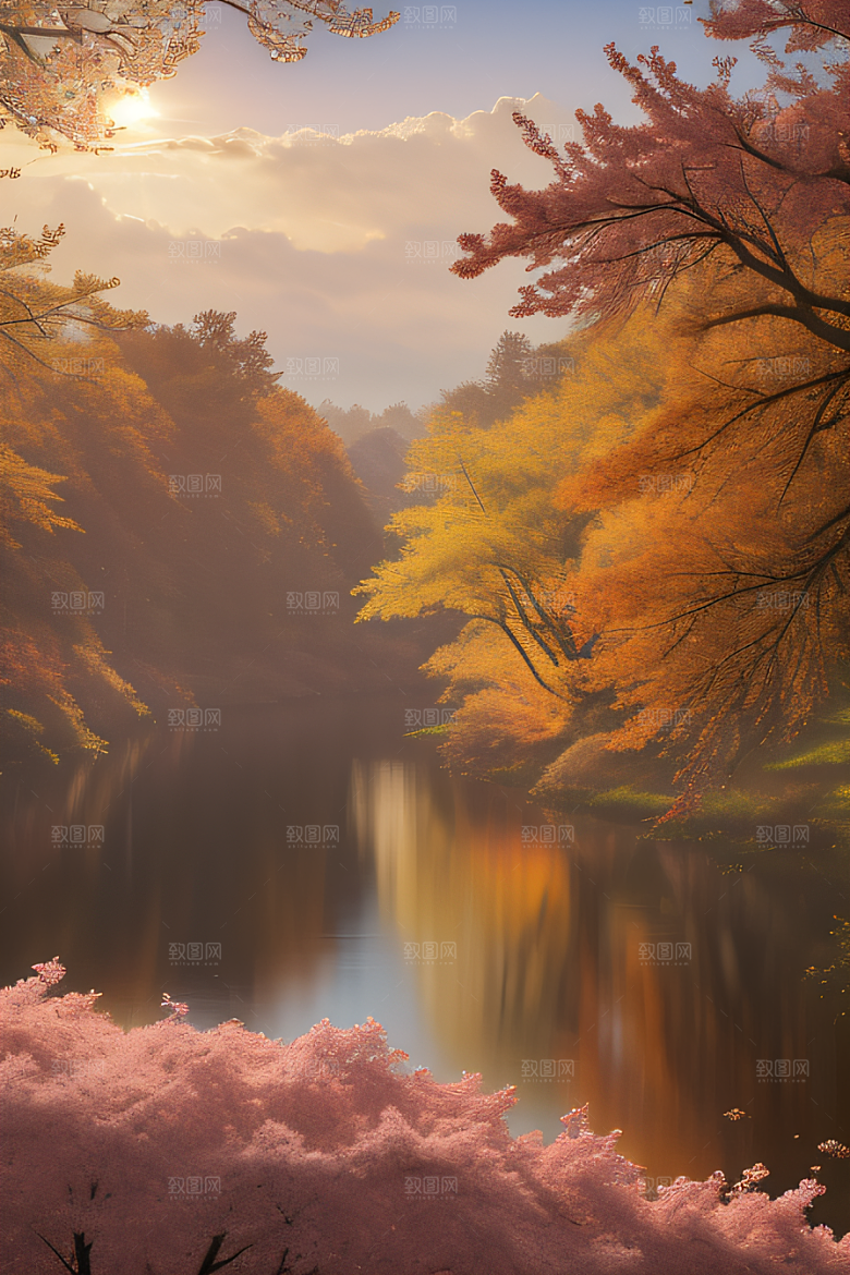 秋天的灯光效果湖泊远景