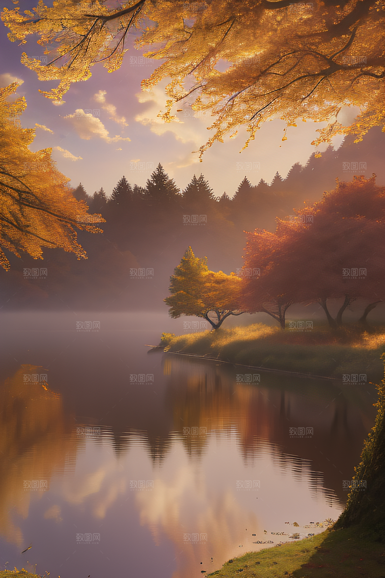 秋天的灯光效果湖泊远景