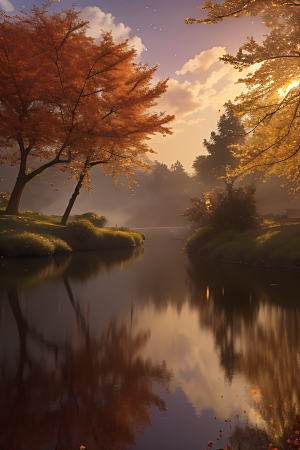 晨光下的童话秋天的湖泊美景