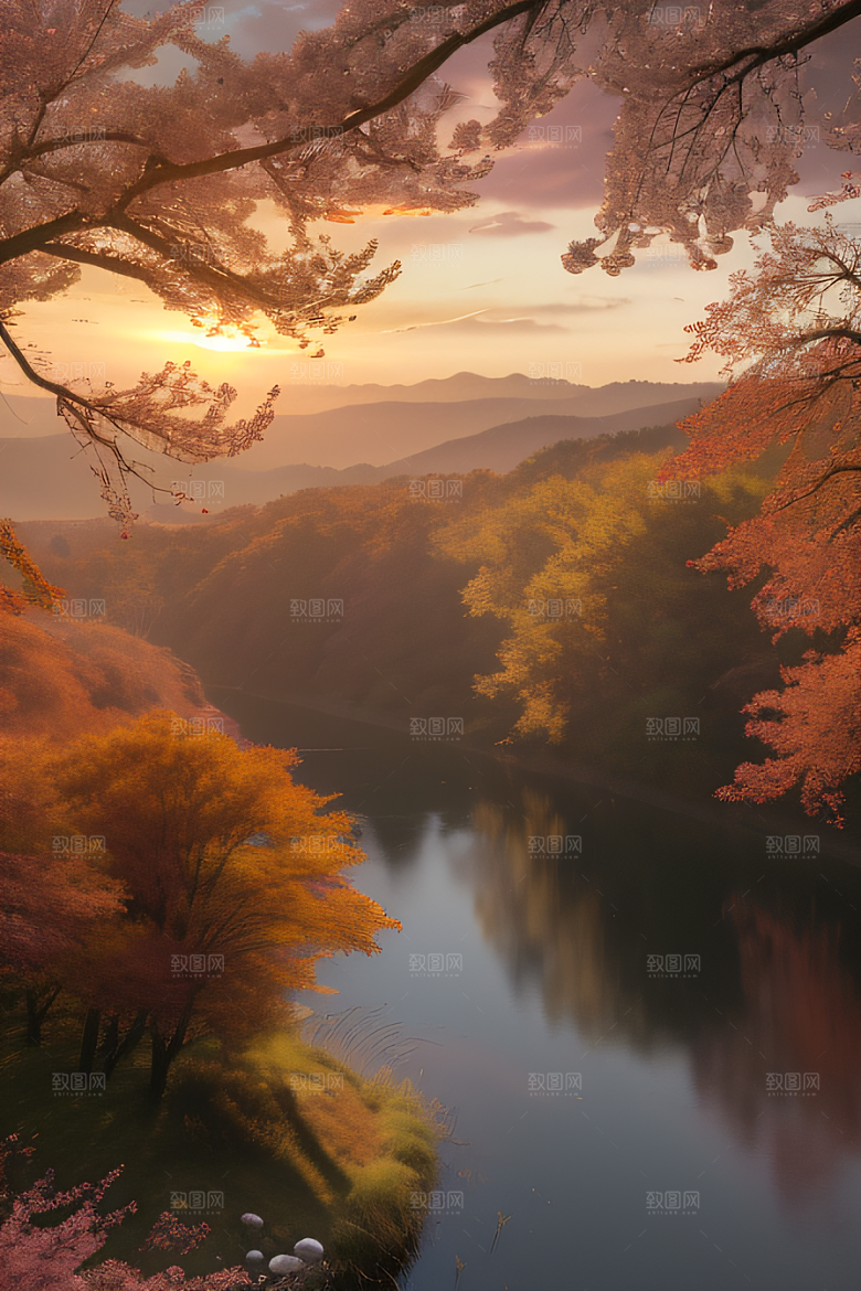 晨光下的童话秋天的湖泊美景