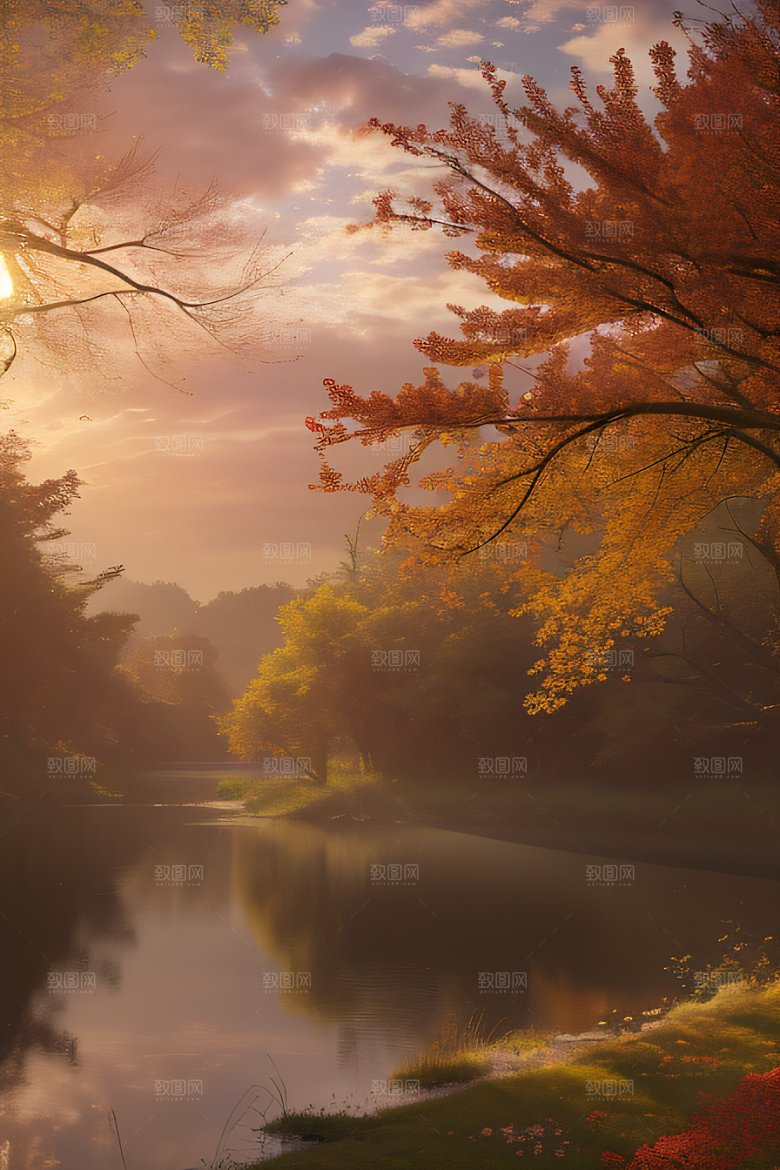 晨光下的童话秋天的湖泊美景