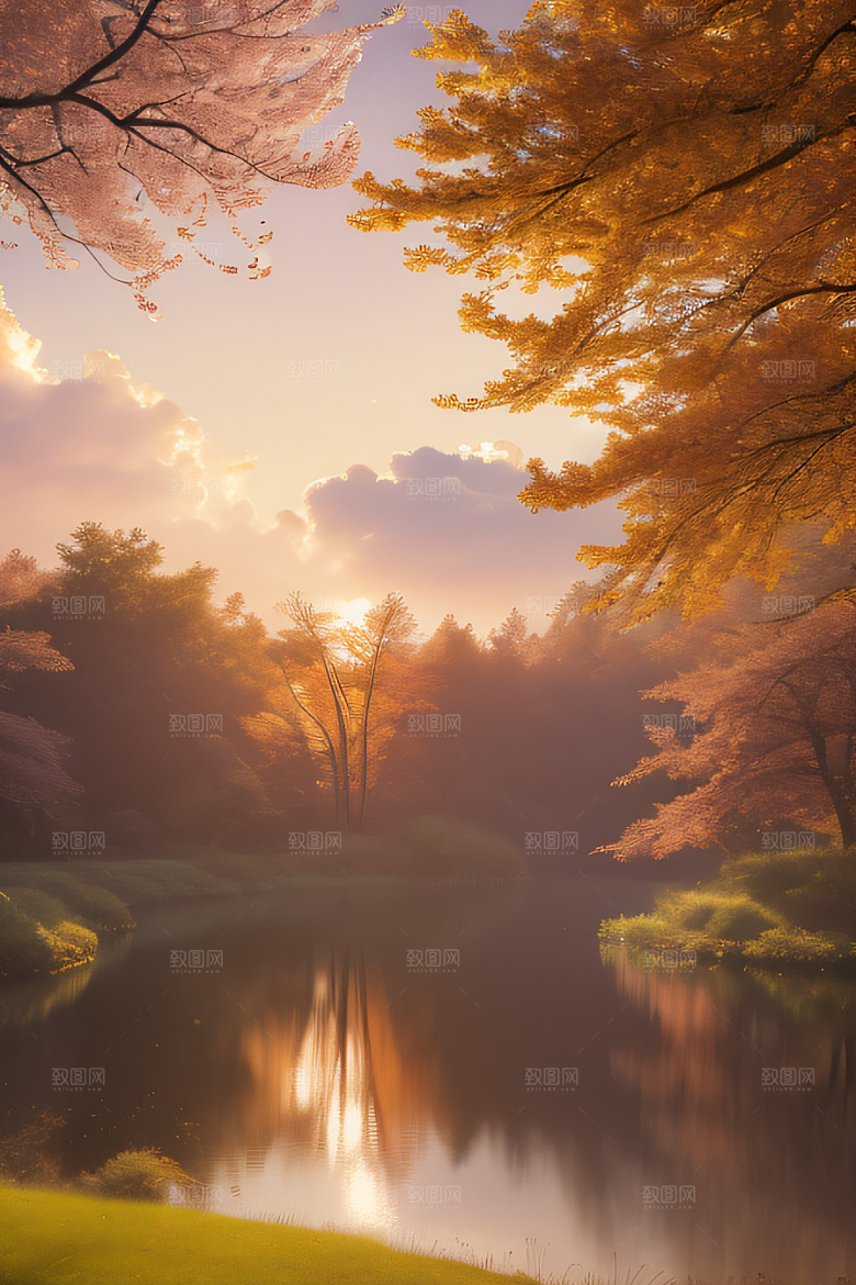 晨光下的童话秋天的湖泊美景