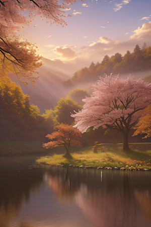 晨光下的童话秋天的湖泊美景