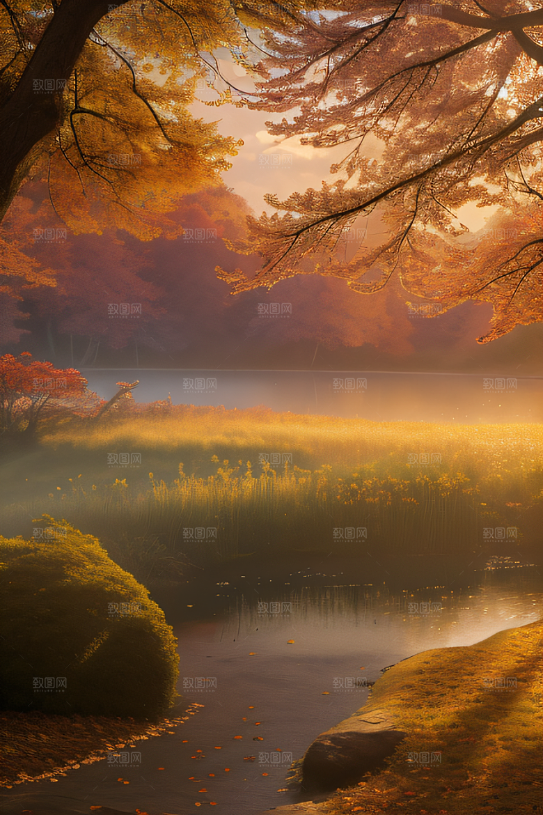 晨光下的童话秋天的湖泊美景