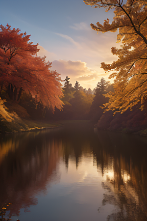 湖泊远景秋天的晨光