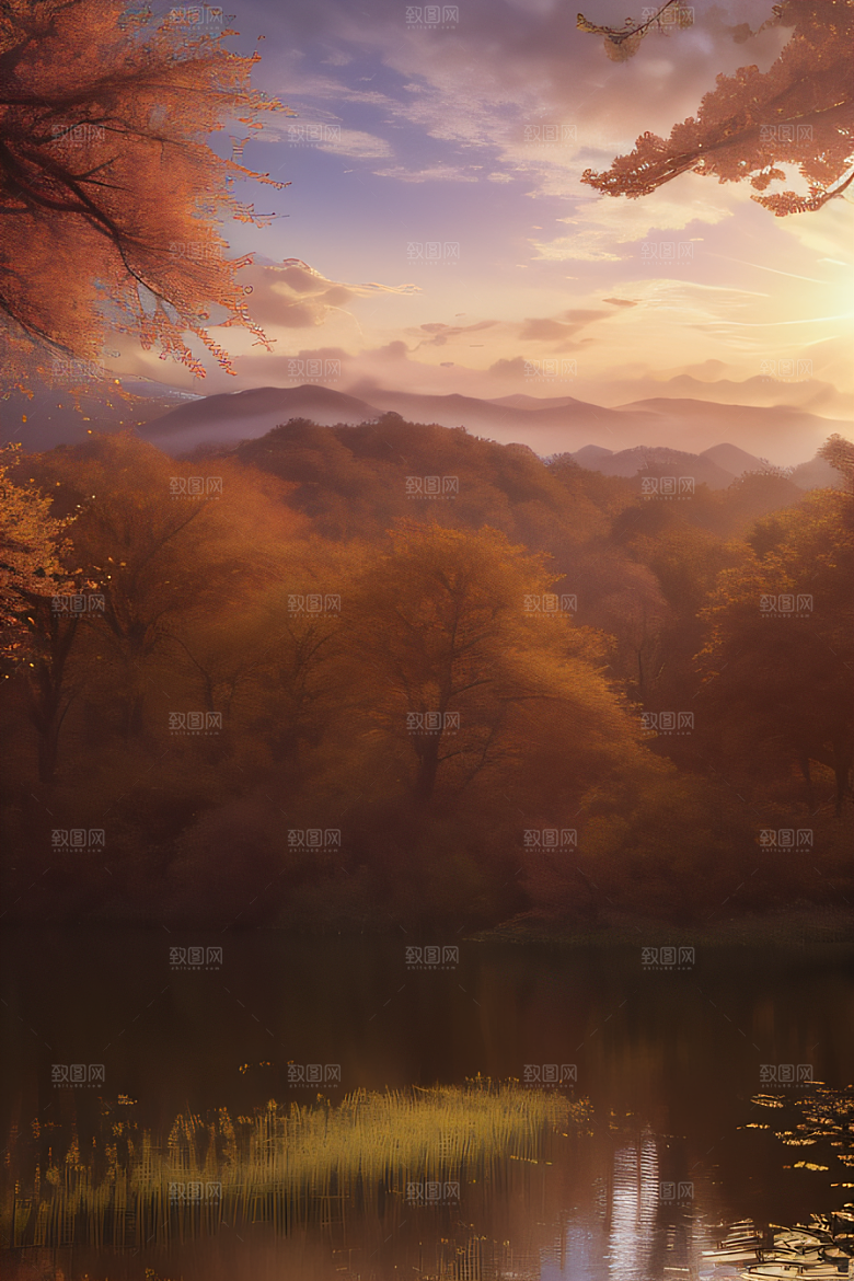 湖泊远景秋天的晨光