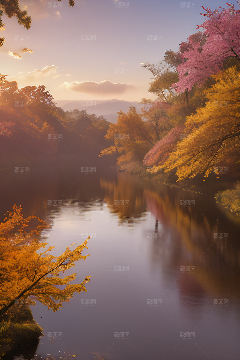 湖泊远景秋天的晨光