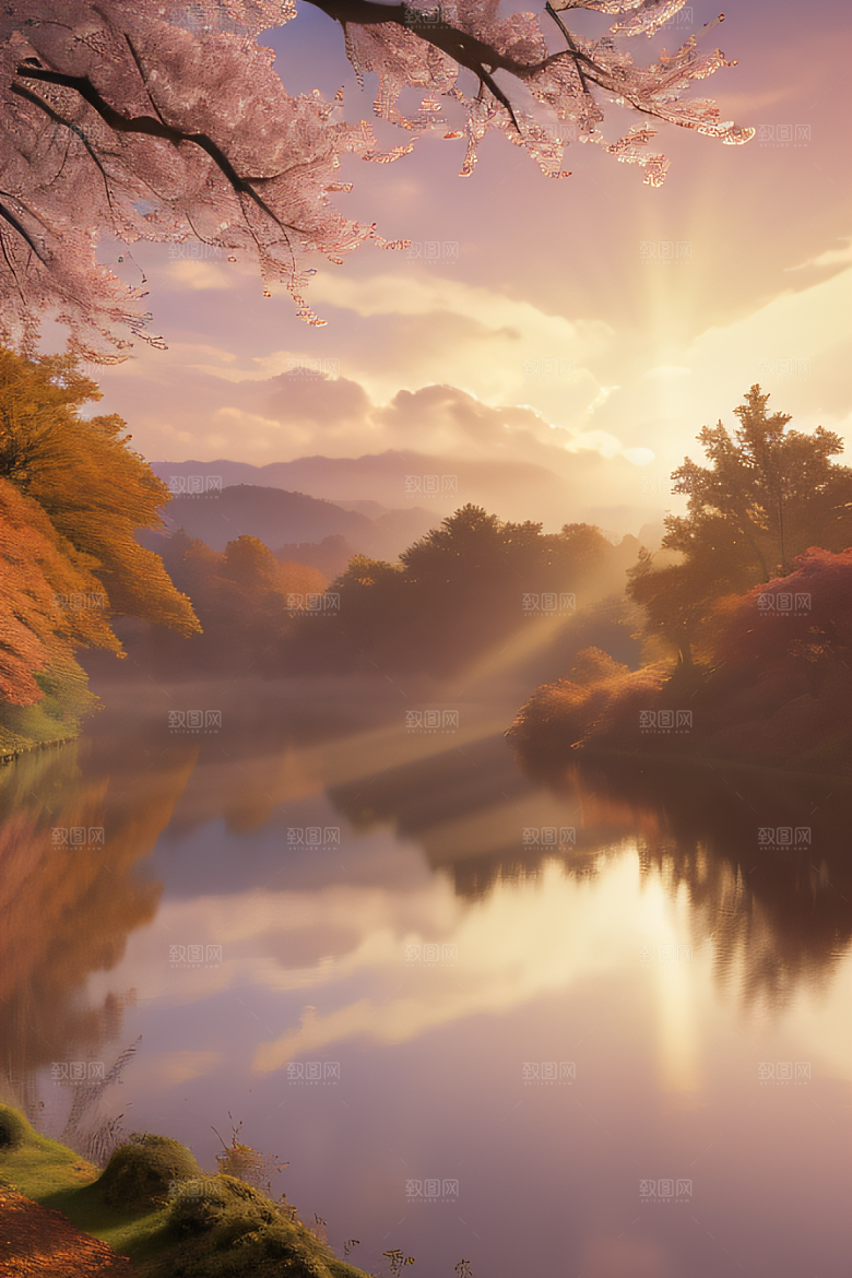 湖泊远景秋天的晨光