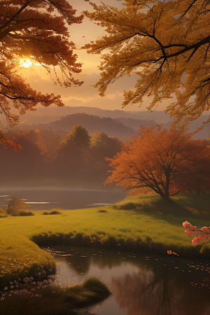 湖泊远景秋天的晨光