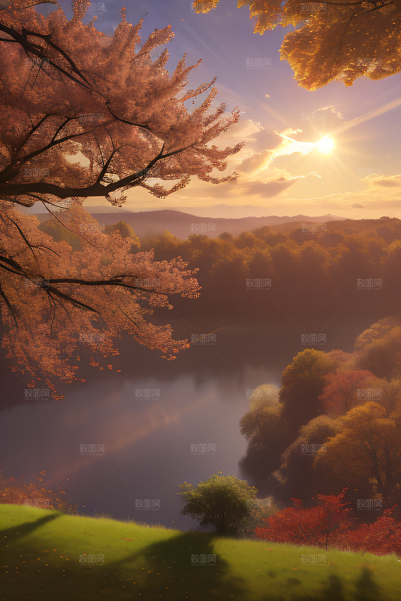 秋天的美景湖泊远景